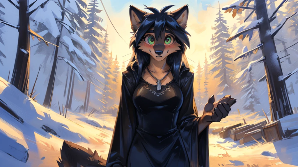((( white wolf ))), ((female)) y, uploaded to E621, beautiful and professional detailed of a anthropomorphic black wolf, ((A long, white velvet dress with thoughtfully tattered details and a necklace inscribed with an "M")) (( Morticia Addams )) (( in a snowy forest )), uploaded to E621, ((by fluff-kevlar, by Zackary911, by Kenket, by Kilinah, by fluff-kevlar)), detailed large green eyes, medium brearge fluffy tail, slim toned body, teenager s)), ((big eyes)) solo, alarmed, surprised, skinny, extremely shy, (( embarrassed blush, front view))