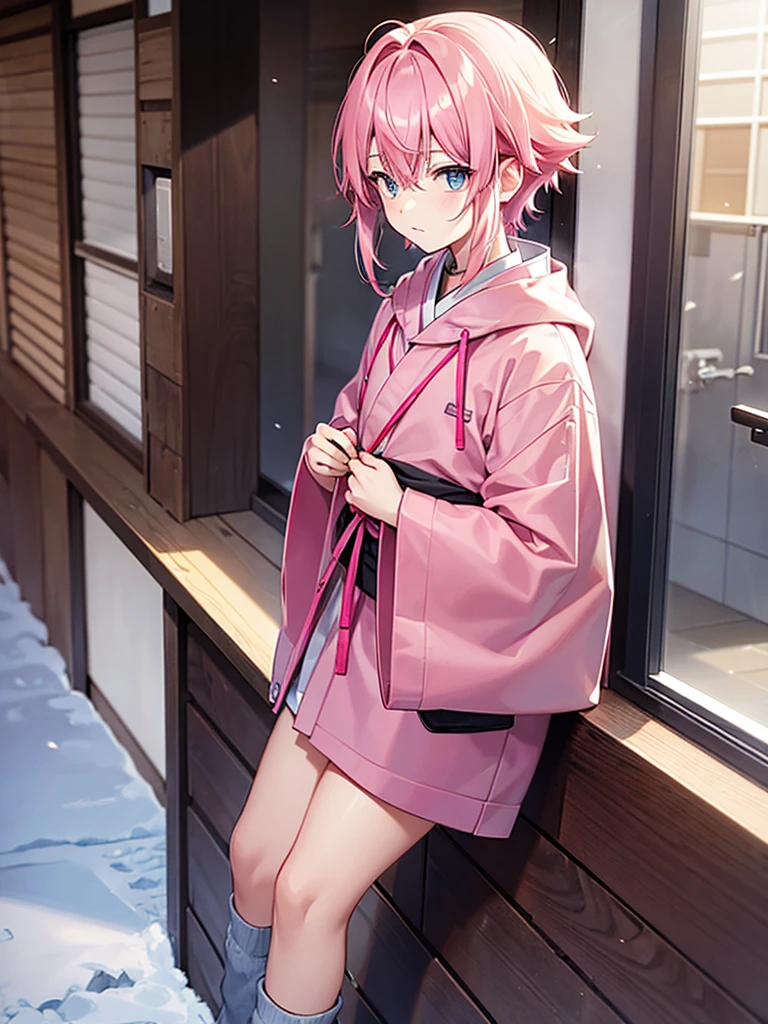 1 male, bright pink hair, small single braid hanging on the left side of his hair, pink cat like eyes, quiet and introverted, winter, japanese boys school winter outfit, male, short hair