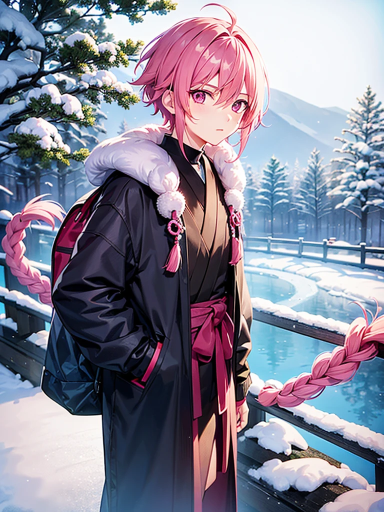 1 male, bright pink hair, small single braid hanging on the left side of his hair, pink cat like eyes, quiet and introverted, winter, japanese boys school winter outfit, male, short hair