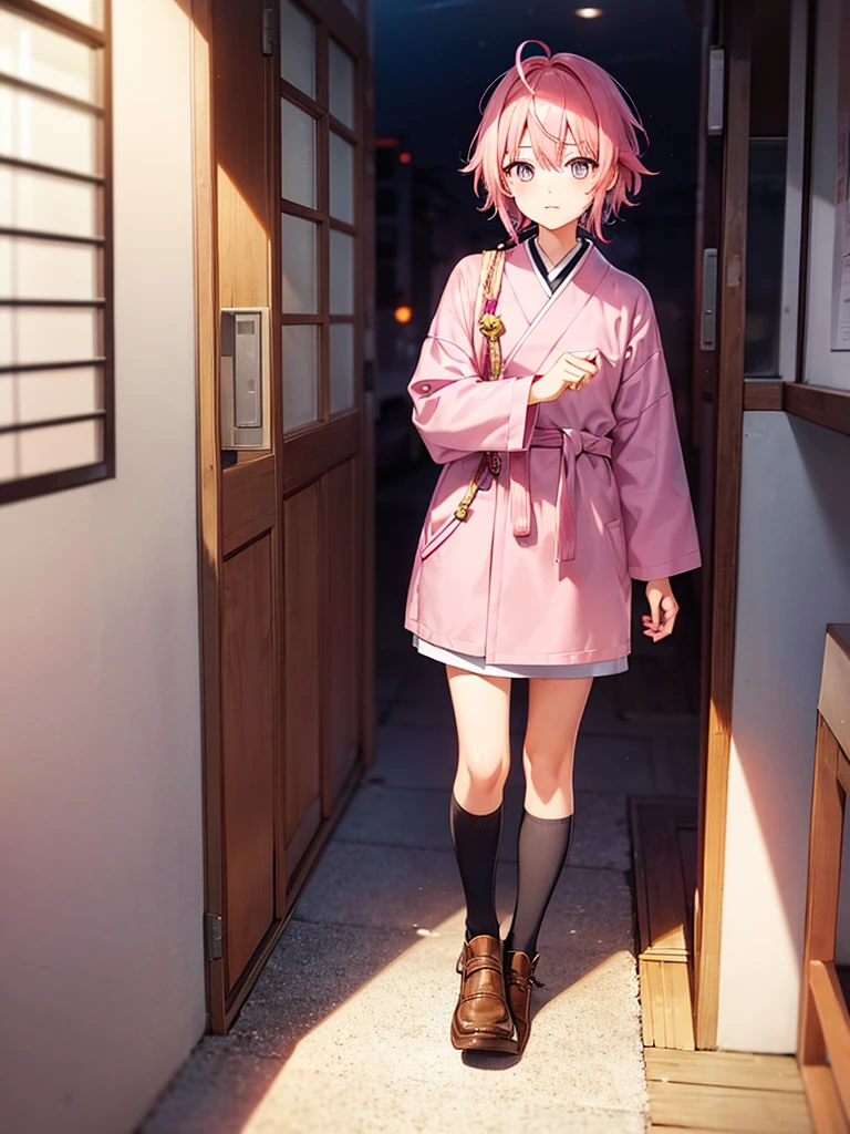1 male, bright pink hair, small single braid hanging on the left side of his hair, pink cat like eyes, quiet and introverted, winter, japanese boys school winter outfit, male, short hair
