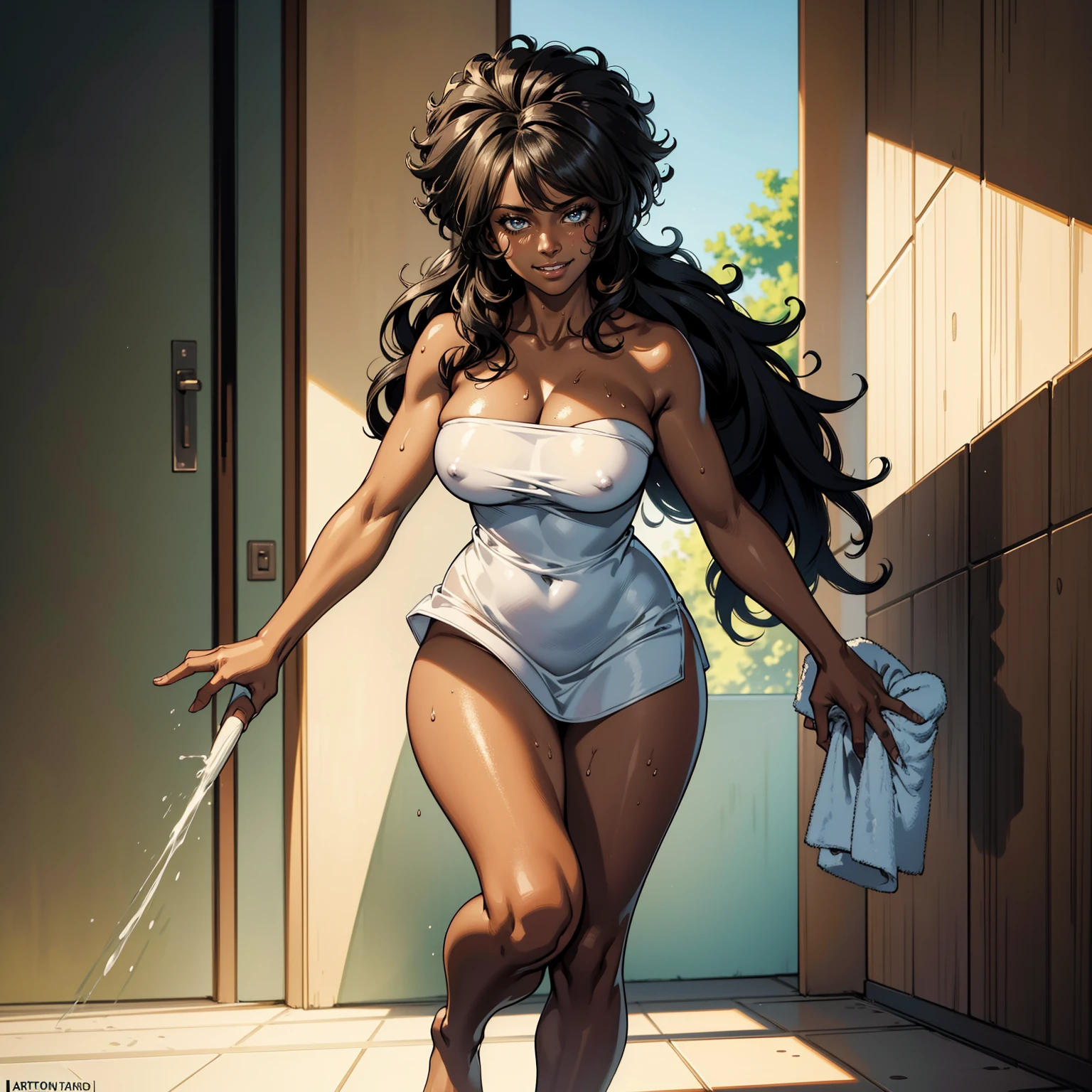 Masterpiece, Professional, High Definition - quality, sharp focus, perfect artwork, Best Illustration, trending on artstation, UHD, 4k, full body, NSFW                                                                         
Create an image animation style character afro black woman dark skinned dark skinned woman wearing a towel Leaving the bathroom standing sweaty smiling with her hands holding the towel best quality