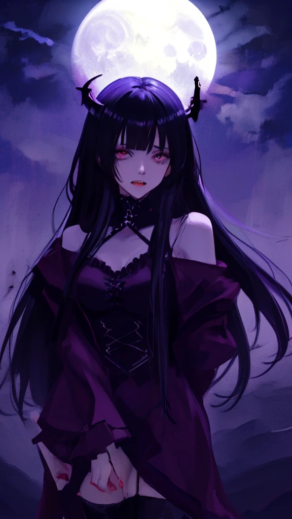  language, saliva on tongue, (Moonlight night), sex, hentai, , A vampire, Dark Gothic, black, (black hair), asymmetrical bangs, Blunt bangs, straight hair, Long sideburns, Devil girl, Eyes purple, tooth, Orgasm, the power of darkness, cowboy shot,
