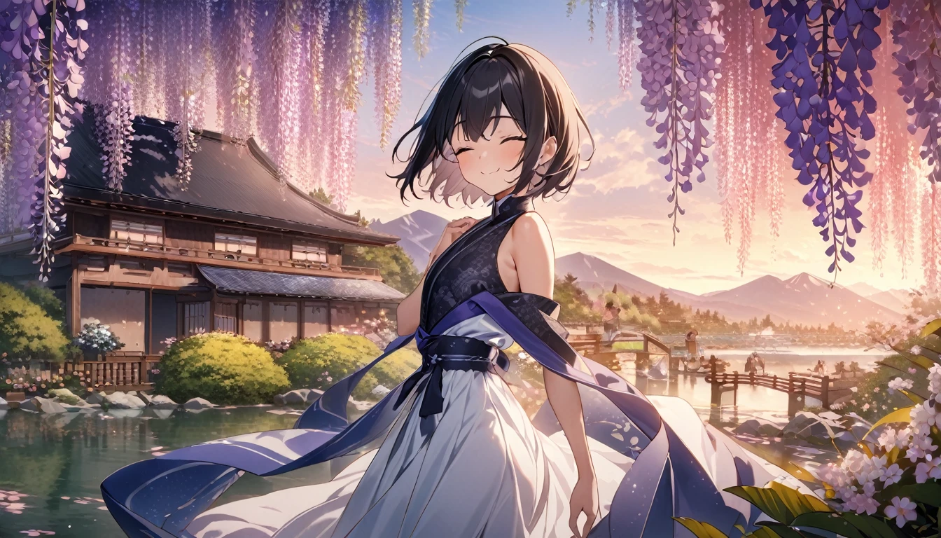 1girl, solo, flat chest, short hair, black hair, standing, gentle smile on her face((masterpiece, illustration, best quality), eyes closed, ((best quality)), ((masterpiece)), mdjrny-pprct, japanese architecture, Sakura, wisteria, flower garden, mountains and rivers, Clouds (high detial: 1.2)、evening glow,japenese gown (purple)