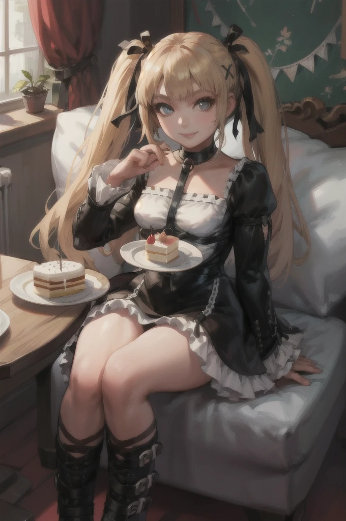 masterpiece, best quality, doamarie, twintails, x hair ornament, hair ribbon, choker, harness, black skirt, black dress, detached sleeves, black sleeves, frills, looking at viewer, smile, platform boots, sitting, table, chair, mansion, teapot, cake