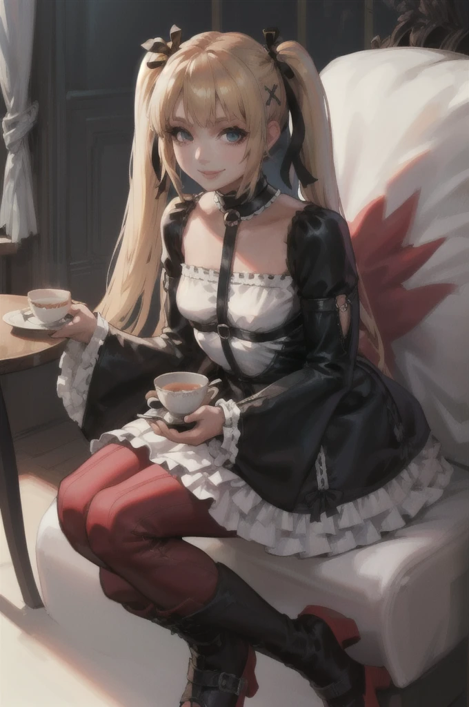 masterpiece, best quality, doamarie, twintails, x hair ornament, hair ribbon, choker, harness, black skirt, black dress, detached sleeves, black sleeves, frills, looking at viewer, smile, platform boots, sitting, table, chair, mansion, teapot, cake