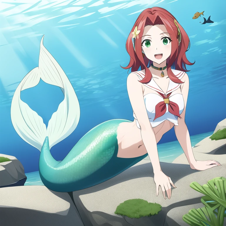 mermaid, mermaid tail below waistline, underwater, sea, fish, Malty S Melromarc, red hair, bangs, long hair, green eyes, (best quality, 8K, masterpiece, ultra detailed:1.2), dynamic pose, cinematic angle, light particles, sparkle, beautiful detailed eyes, shiny skin, shiny hair, 1girl, solo, smile, cute, happy, open mouth, sailor collar, :d, , serafuku, collarbone, hair flower, looking at viewer, 