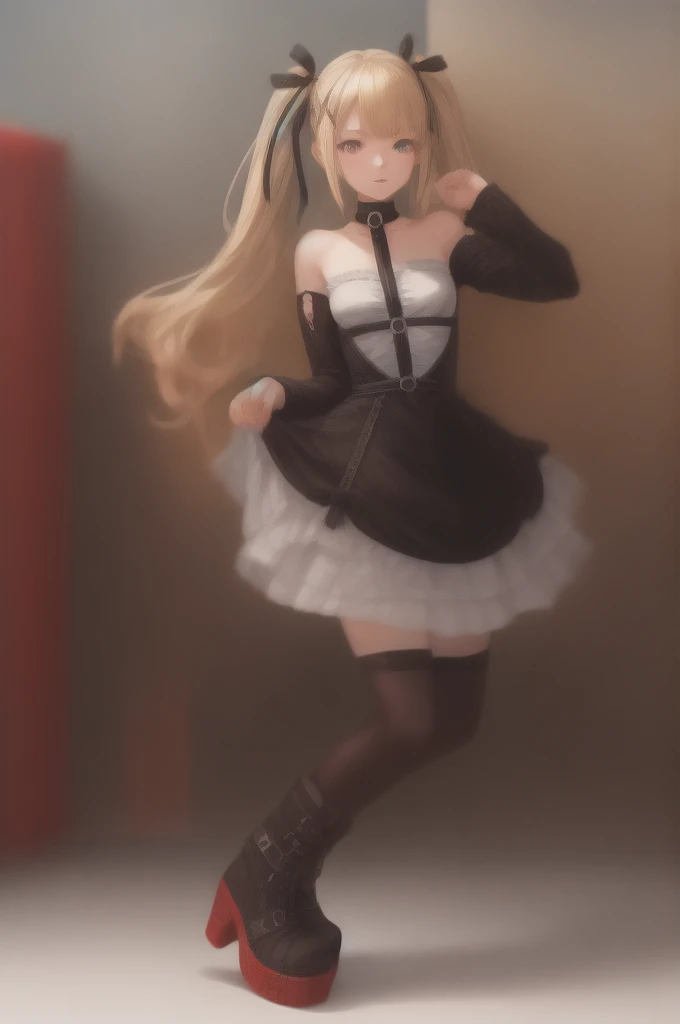 (masterpiece, best quality, 8k, RAW photo, beautiful and aesthetic:1.2), complex detail, 1girl, (full body:1.2), doaMarie, twintails, x hair ornament, hair ribbon, choker, harness, black skirt, black dress, detached sleeves, black sleeves, platform boots,