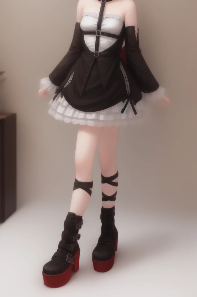 (masterpiece, best quality, 8k, RAW photo, beautiful and aesthetic:1.2), complex detail, 1girl, (full body:1.2), doaMarie, twintails, x hair ornament, hair ribbon, choker, harness, black skirt, black dress, detached sleeves, black sleeves, platform boots,