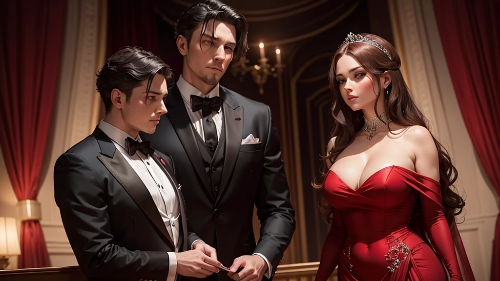 A stunning scene of a beautiful woman in a clinging red dress, her curves accentuated, gazing at an attractive man in an elegant tuxedo. The woman's eyes are filled with passion, while the man's eyes hold a disdainful look. The ambiance of the image is dramatic and intense, with a touch of romantic tension., cinematic