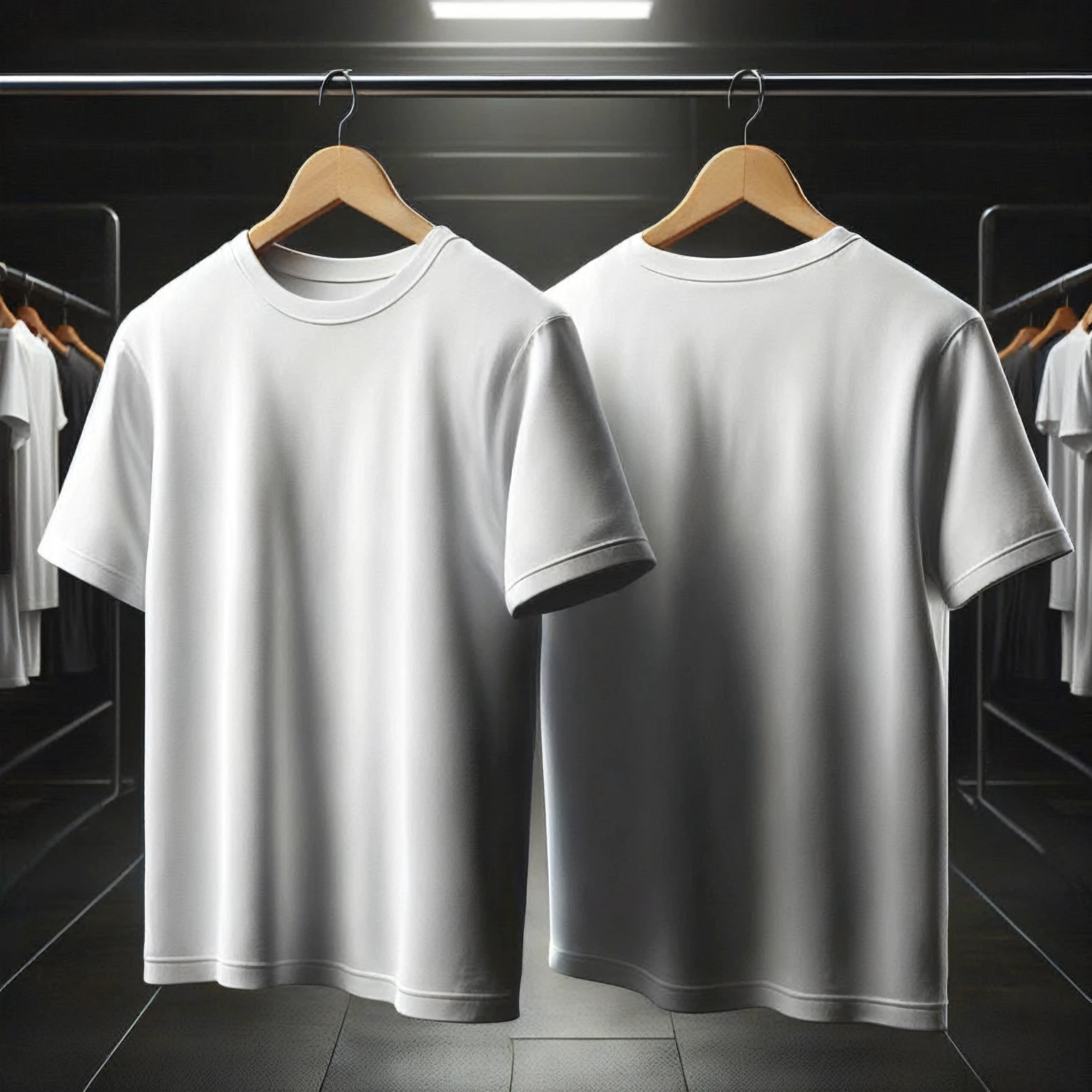 there are two white shirts hanging on a rack in a room, realistic clothing, realistically rendered clothes, white undershirt, white  clothes, plain white undershirt, Cloth simulation with Houdini, white undershirt, white undershirt, a tshirt. blender art, white  clothes, high detailed clothes, white shirts, white  clothes e pretas, vestindo a tshirt