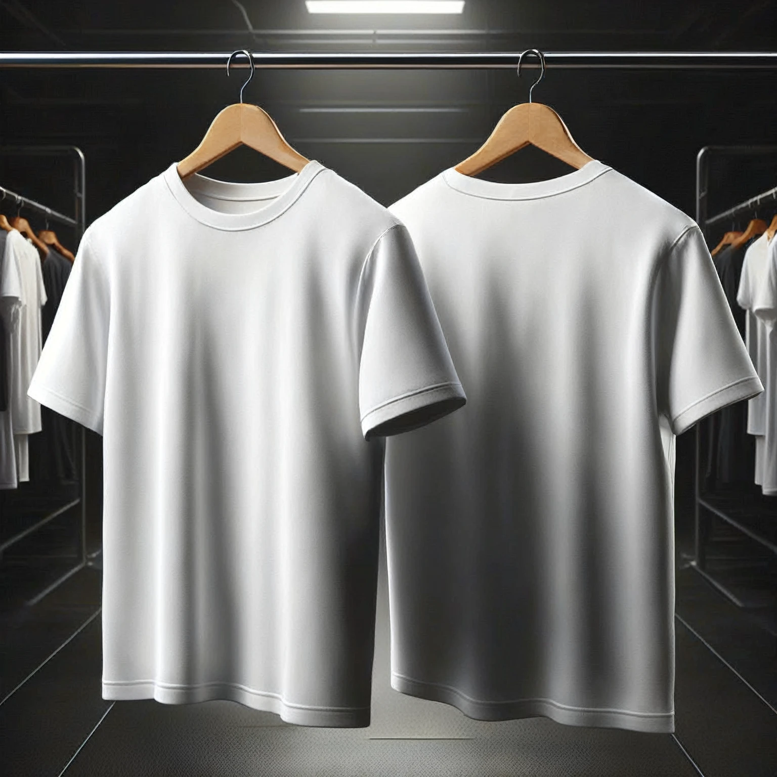 there are two white shirts hanging on a rack in a room, realistic clothing, realistically rendered clothes, white undershirt, white  clothes, plain white undershirt, Cloth simulation with Houdini, white undershirt, white undershirt, a tshirt. blender art, white  clothes, high detailed clothes, white shirts, white  clothes e pretas, vestindo a tshirt