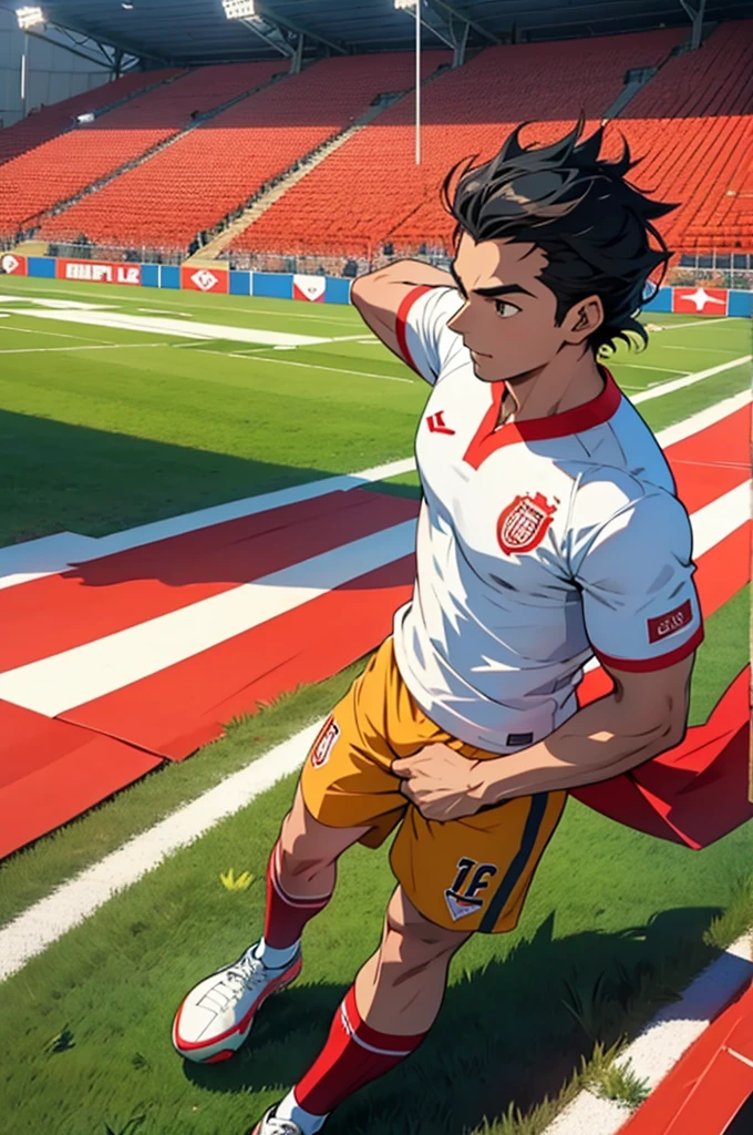 Miguel Grau playing soccer, with a flag in hand, in the national stadium of Peru in an anime style like the super champions