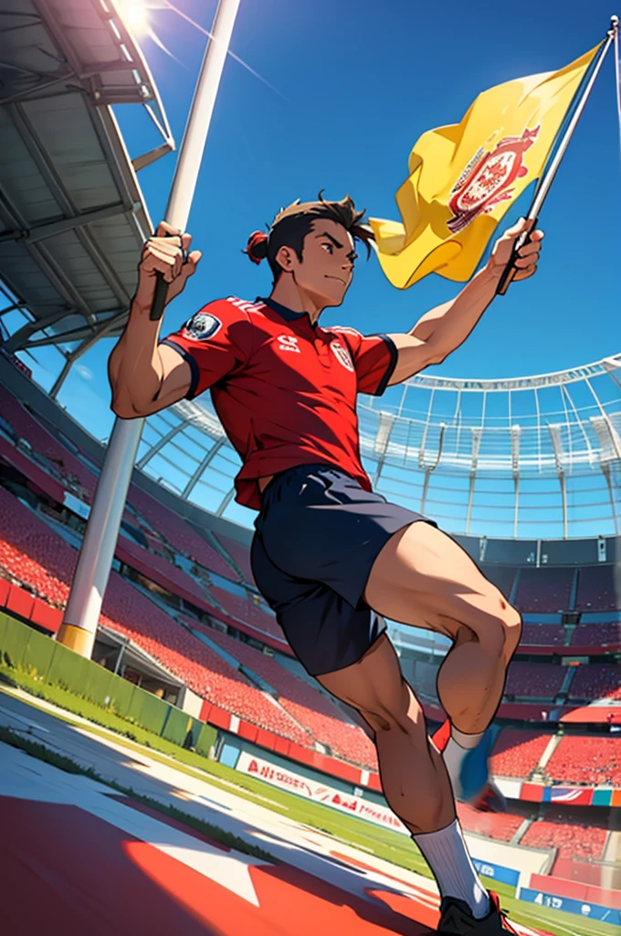 Miguel Grau playing soccer, with a flag in hand, in the national stadium of Peru in an anime style like the super champions