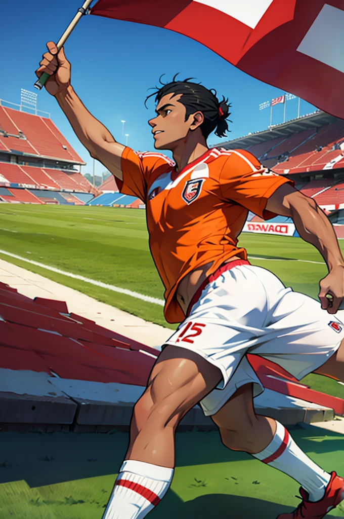 Miguel Grau playing soccer, with a flag in hand, in the national stadium of Peru in an anime style like the super champions
