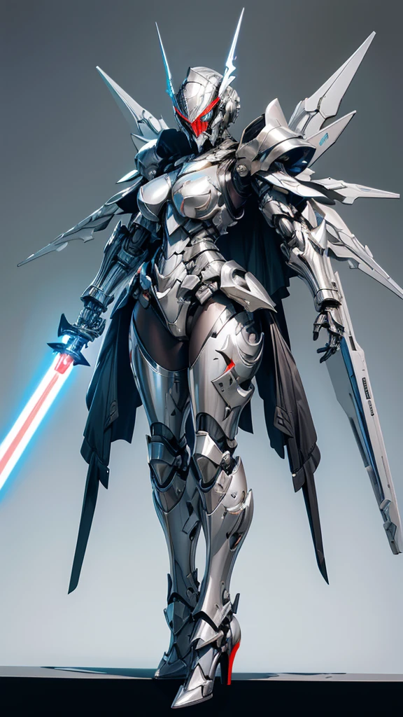 Large Armored Girl,helmet,mask,silver armor,cybernetic wing mechanical wing,slim figure,High heel,Lightsaber,Standing,frontal pose,Cyberpunk City