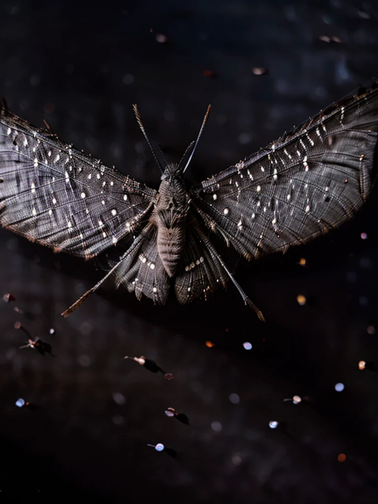 An ashen moth, close up, dark, eerie, large gray wings