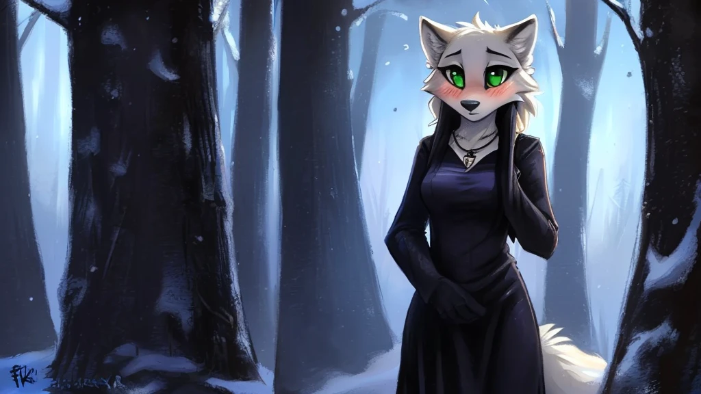 ((( white wolf ))), ((female)) sexy, uploaded to E621, beautiful and professional detailed of a anthropomorphic black wolf, ((A long, white velvet dress with thoughtfully tattered details and a necklace inscribed with an "M")) (( Morticia Addams )) (( in a snowy forest )), uploaded to E621, ((by fluff-kevlar, by Zackary911, by Kenket, by Kilinah, by fluff-kevlar)), detailed large green eyes, medium breast, large fluffy tail, slim toned body, ager ((18years)), ((big eyes)) solo, alarmed, surprised, skinny, extremely shy, (( embarrassed blush, front view))