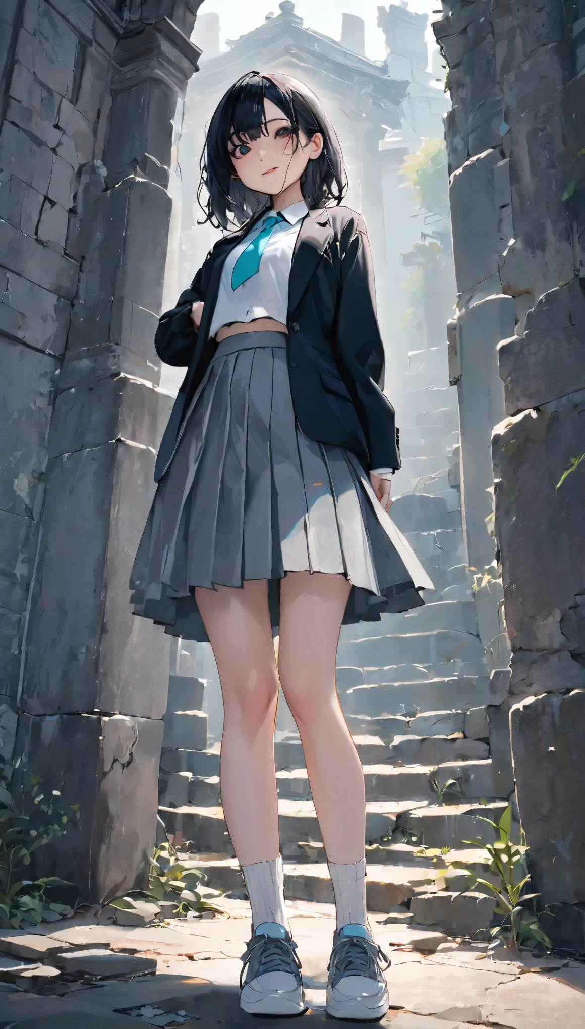 (8K, RAW Photos, 最high quality, masterpiece:1.2), high qualityのRAWカラー写真, Professional photo shoot, Cinematic Light, alone, (((young woman, Gal))), (Sharp features), (Small face), (Skin with attention to detail:1.2), clavicle, Cute face, Beautiful appearance, Long eyelashes,Girl Turning Around, smile, (Black Hair, Long straight line), high school student, Red tie, Of high school:1.2, Black jacket, Open jacket, Jacket cuff buttons, White shirt, Check skirt,(( Gray ruins)), Confident attitude, Capture the happy moment, Artistic painting,Attractive thighs, loose socks:1.2, sneakers:1.2, (A very fine touch:1.2), (はにかんだsmile), Peaceful atmosphere, Bright colors, (Are standing:1.5, Leaning against the ruins, Full body portrait), Smooth texture, Gazing Eyes, Beautiful Skin, Shiny skin, ((Perfect Fingers, Five Fingers, Anatomically correct)), high quality, Surreal, ((Very detailed, photo shoot)),(Skirt flip、I can see her panties),,、Dramatic lighting、mysterious、Strong contrast