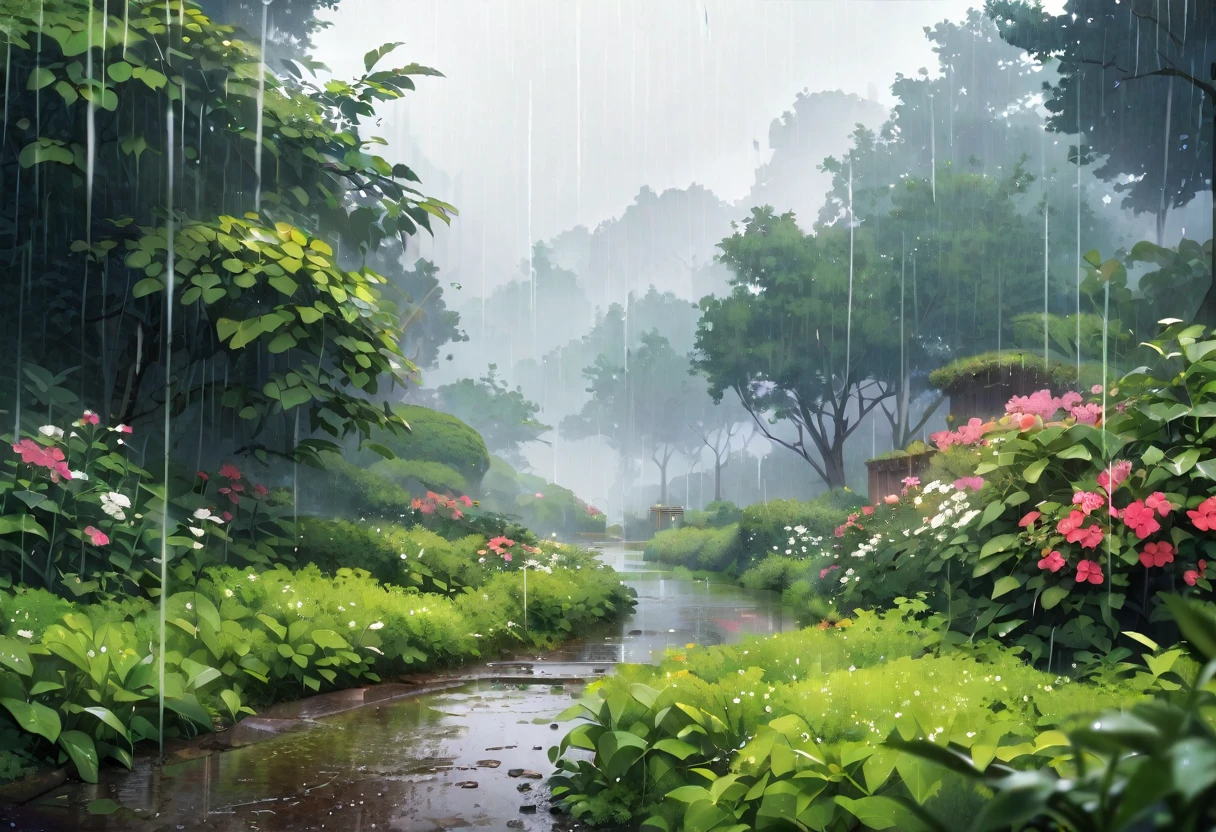masterpiece,Highest quality,rain,Natural scenery,There are no humans,garden