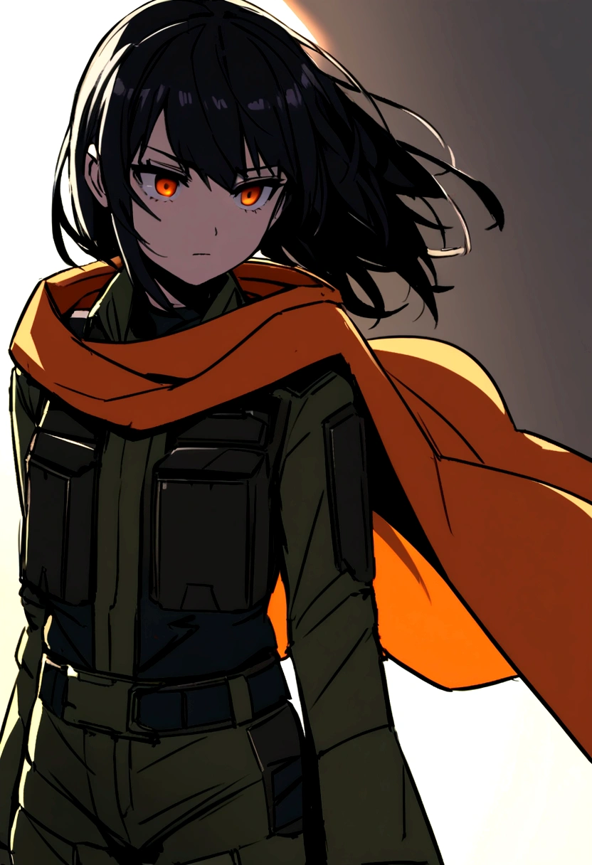 A 17 year old white girl, long black hair, wears military suit, orange cape, big hazel eyes, Science fiction, dark mood, chartturnerv2