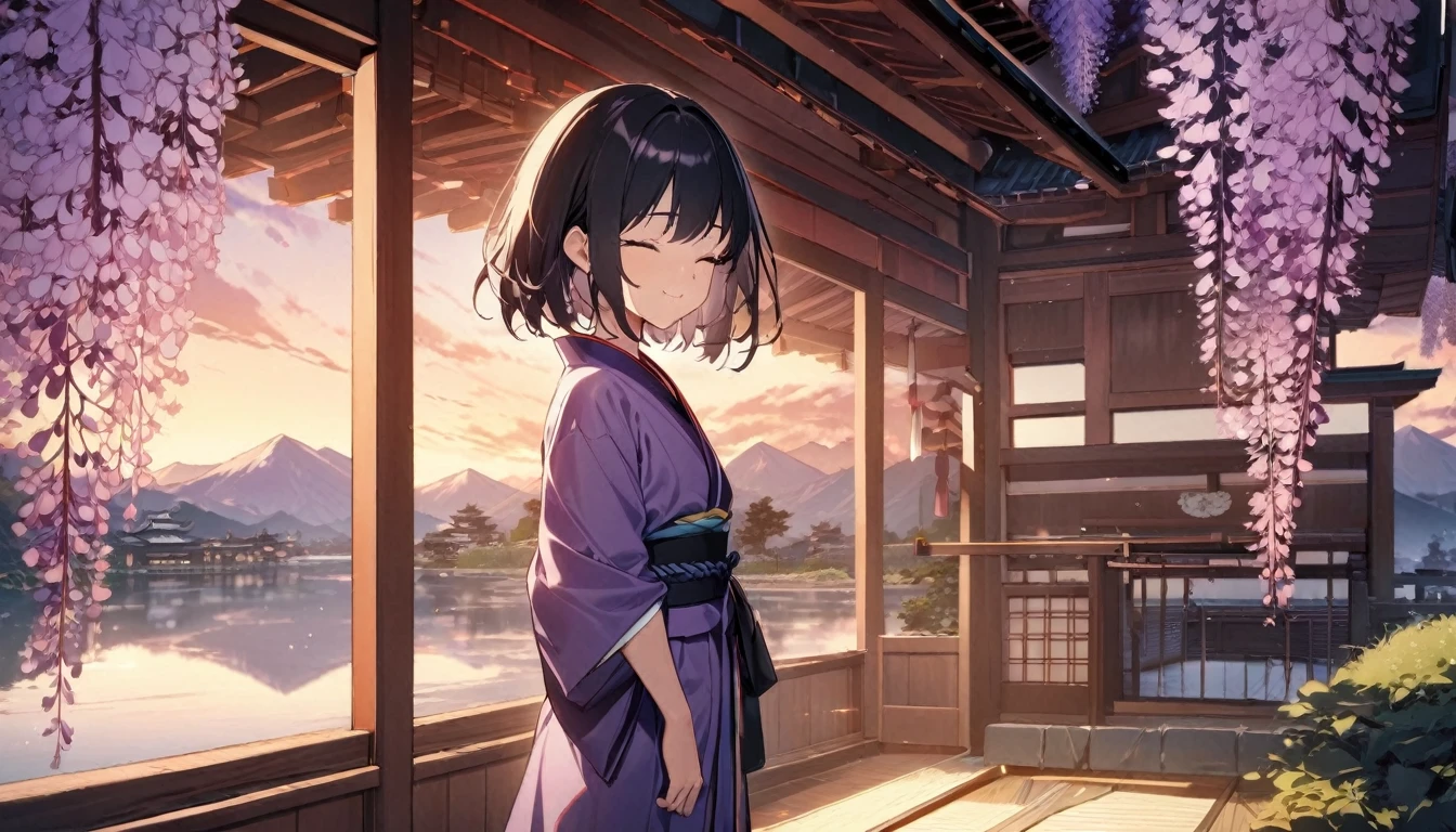 1girl, solo, flat chest, short hair, black hair, standing, gentle smile on her face((masterpiece, illustration, best quality), eyes closed, ((best quality)), ((masterpiece)), mdjrny-pprct, japanese architecture, Sakura, wisteria, flower garden, mountains and rivers, Clouds (high detial: 1.2)、evening glow,japenese robe (purple)