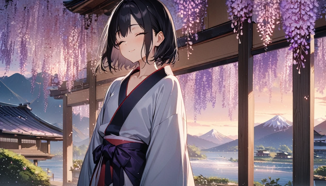 1girl, solo, flat chest, short hair, black hair, standing, gentle smile on her face((masterpiece, illustration, best quality), eyes closed, ((best quality)), ((masterpiece)), mdjrny-pprct, japanese architecture, Sakura, wisteria, flower garden, mountains and rivers, Clouds (high detial: 1.2)、evening glow,japenese robe (purple)