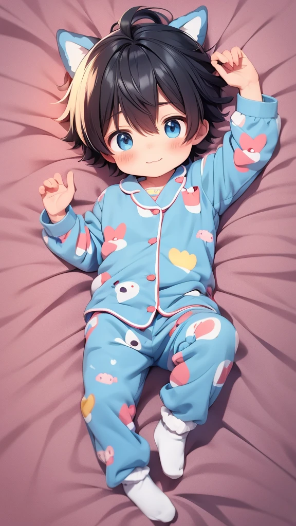 Cute 6 year old anime boy wearing cute socks and super kawaii animal pajamas