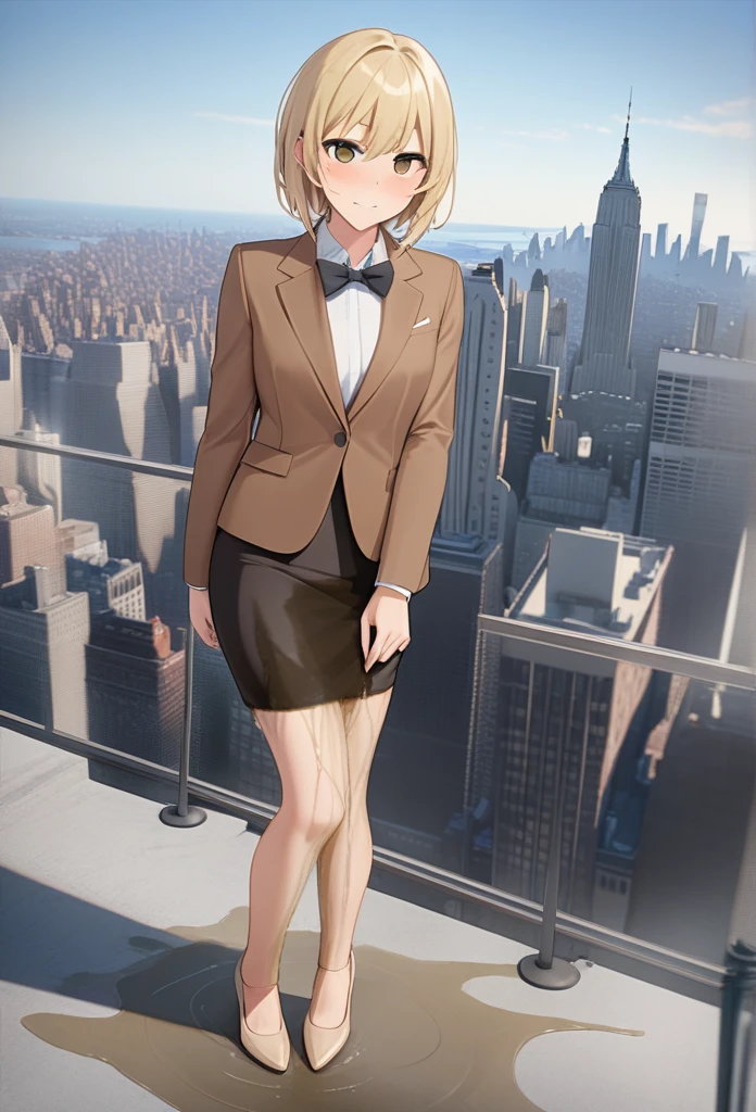 ((best quality)), ((masterpiece)), ((ultra realistic)), (dynamic sexy pose), german, beautiful detailed face, detailed eyes, sexy model, dressed in a brown suit, pencil skirt, new york city backdrop, highly detailed, professional, bare legs, (full body), standing, blonde hair, medium hair, hazel eyes, matching shoes, cowboy shot,wetting herself:2.0),