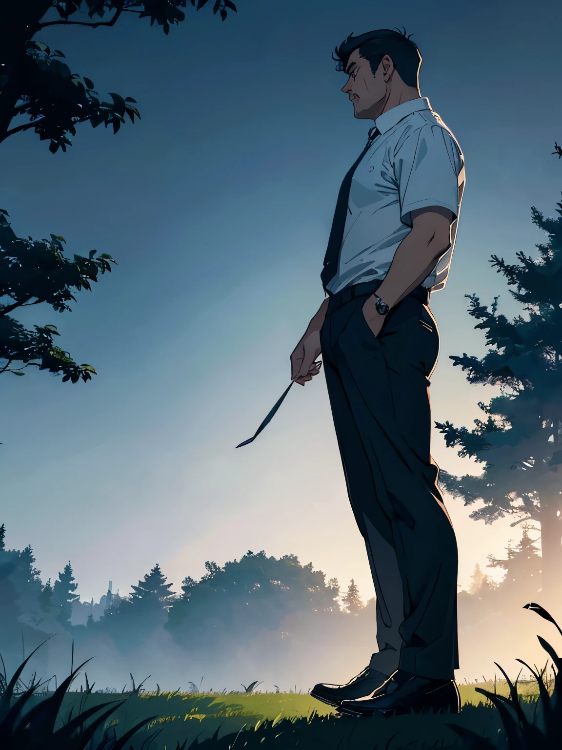 A gentlemanly middle-aged man standing on the grass for 30 years、Side angle、White T-shirt and tie、Dark and mysterious atmosphere at night、From the feet to the whole body、