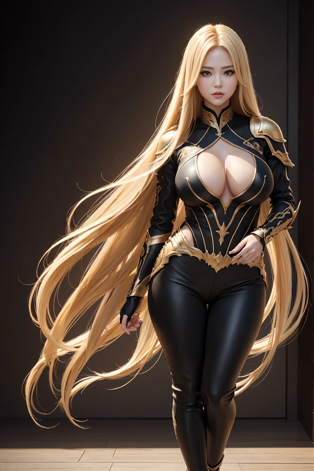 ((Full body photo, standing, feet on the ground)) ((8K,High image quality High image quality、Artwork:1.4))、1 person、、Long blonde hair、gradient hair、Demon Hunter Super Gorgeous、Beautiful expression、red lips,beautiful eyeodels with big breasts、perfect face shape、Black and red sexy chest armor、Black and red pants and legs extended,With a wide variety,golden decoration,realistic proportions、pose dynamic、Advanced details、complex、complex details、realistic eyes、realistic eyesのプロポーション、sharp focus、32k、realistic lighting、Extreme details、realistic student、realistic proportion eyes、realistic proportions students、realistic shadow、Evasion,