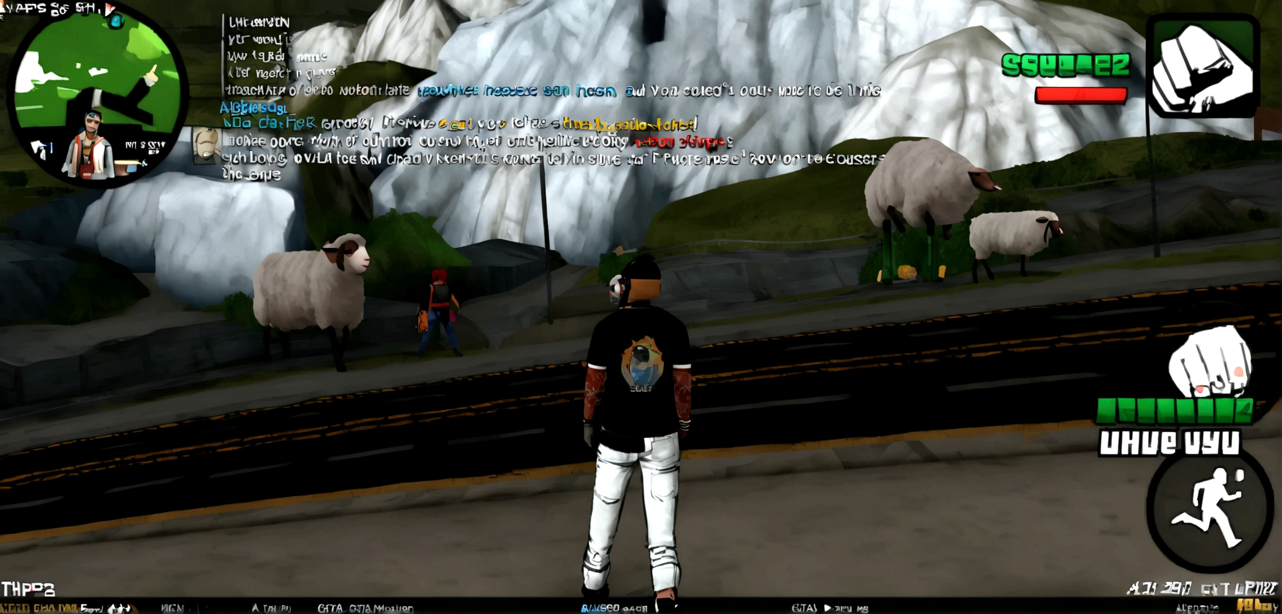 a closeup of a person standing on a street near a mountain, In the game, gta, In the game image, In the game, In the game, In the game, <mmorpg scene, capture, SHEEP, super falled, fall!!, Second life, in gta san andres, GTA V style, online, THPS 2 level, mmo