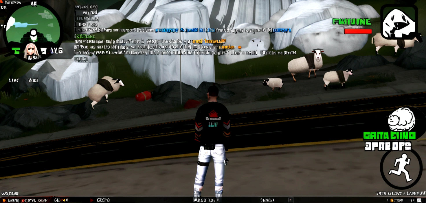 a closeup of a person standing on a street near a mountain, In the game, gta, In the game image, In the game, In the game, In the game, <mmorpg scene, capture, SHEEP, super falled, fall!!, Second life, in gta san andres, GTA V style, online, THPS 2 level, mmo