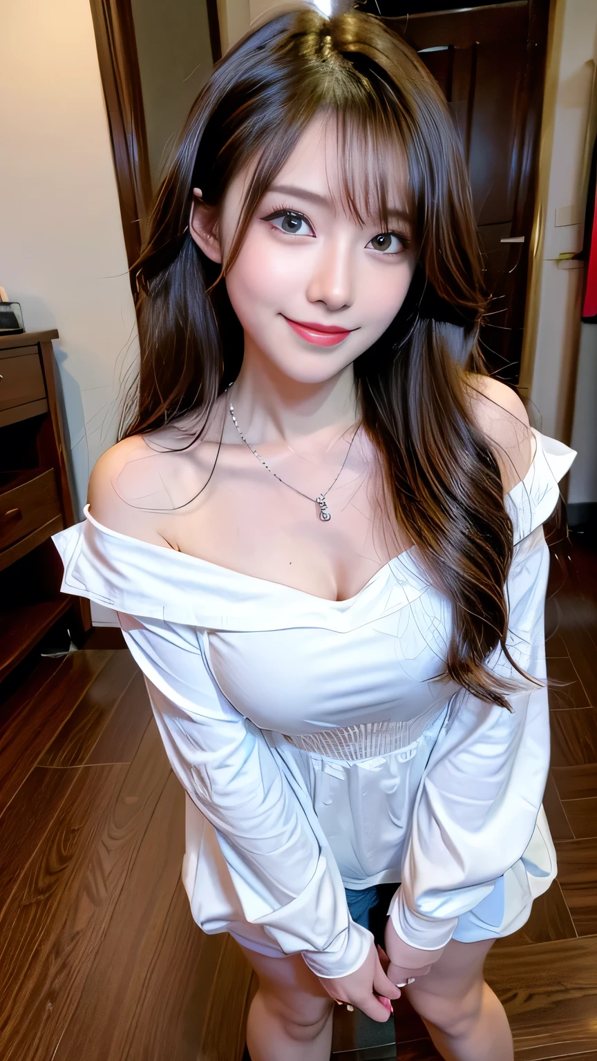 seed;88117315,((Full Body Angle))、Front hair:1.3))、((Highest quality, 8K, masterpiece: 1.3)), concentrated: 1.2, Cute girl 1,Nipples erect、 Perfect beauty: 1.4,Summer off-the-shoulder cropped T-shirt、Letter Print、Shorts: 1.2,Long sleeve、Randall Color、comics&Text Graphics、Black ruffle-trimmed drawstring zip blouse,1.1, Highly detailed face and skin textures, Fine grain, double eyelid, whitening skin, ,Highest quality,Ultra-high resolution,you,1 girl,alone,_Shiny_skin,Iris,necklace,((brown_length_Wavy_hair)),(lips)),eyelash,Front hair,deal with,compensate,Shiny,pore,skin,Large Breasts、((smiling face))、stroll、