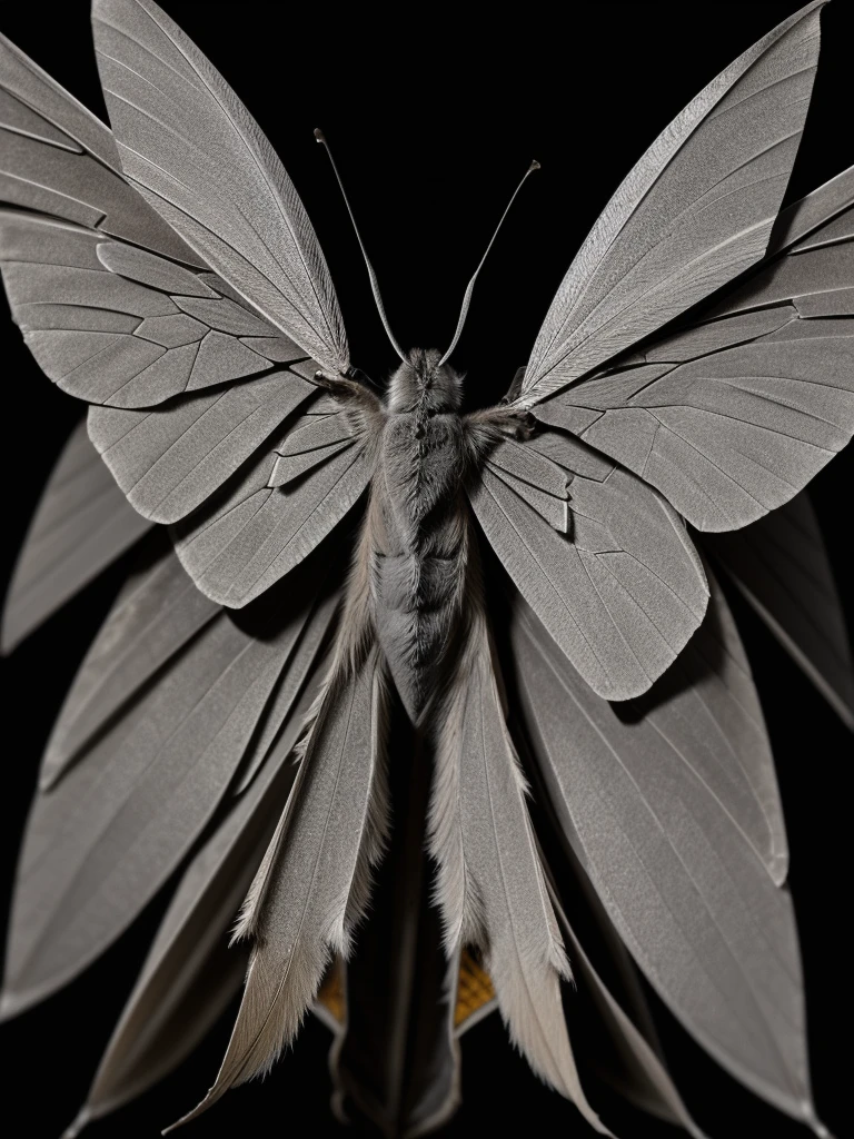 An ashen moth, close up, dark, eerie, large gray wings