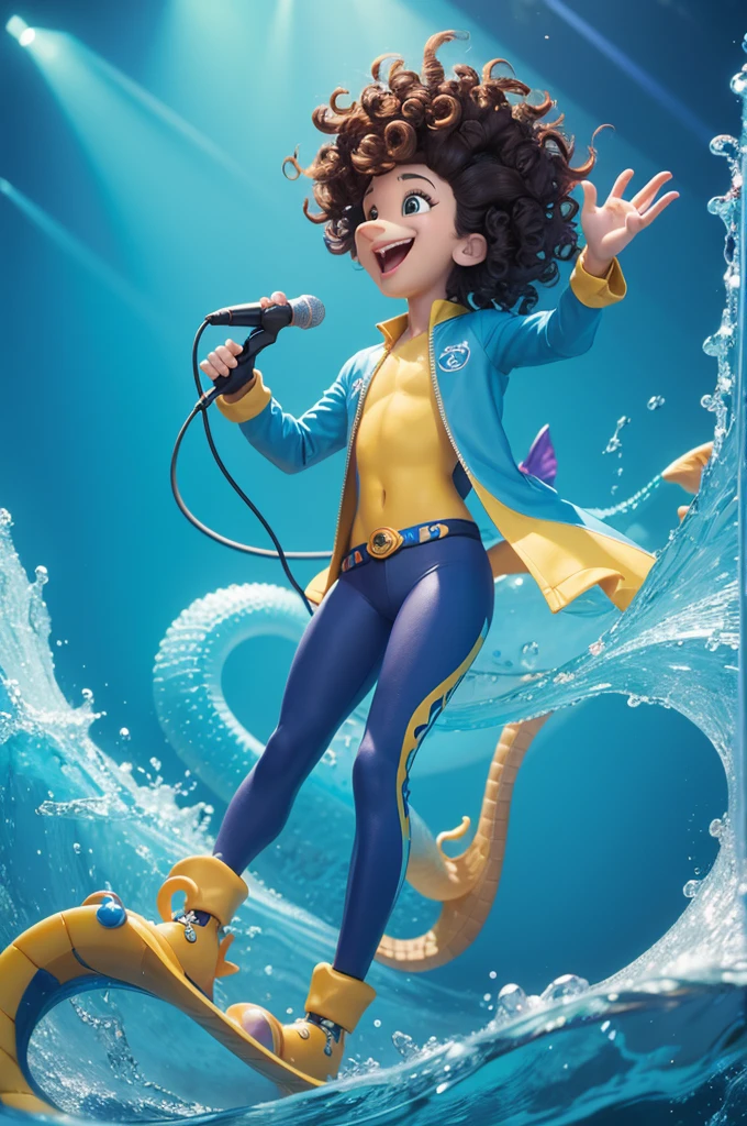 A Disney Pixar style character, This character is a male seahorse with curly hair and a microphone, he&#39;s at the bottom of the sea doing a show