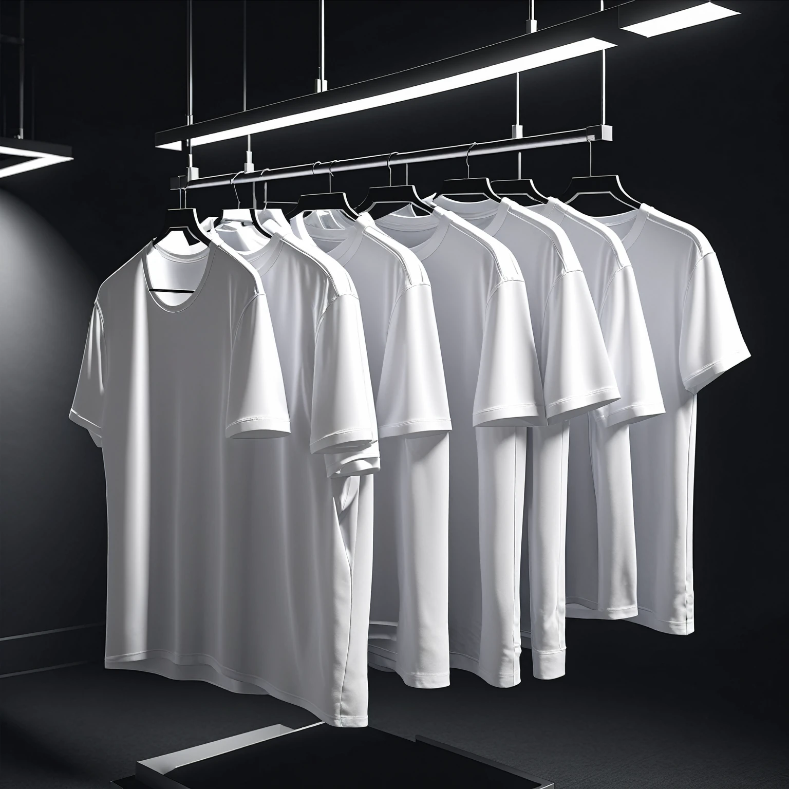 three white shirts hanging on a rack in a dark room, realistic clothing, white  clothes, plain white undershirt, white  clothes, white undershirt, white undershirt, white undershirt, Cloth simulation with Houdini, realistically rendered clothes, ultra realistic render, a tshirt. blender art, hyper-realistic 3d rendering, Minimal clothing, white shirts, hyper-realistic rendering