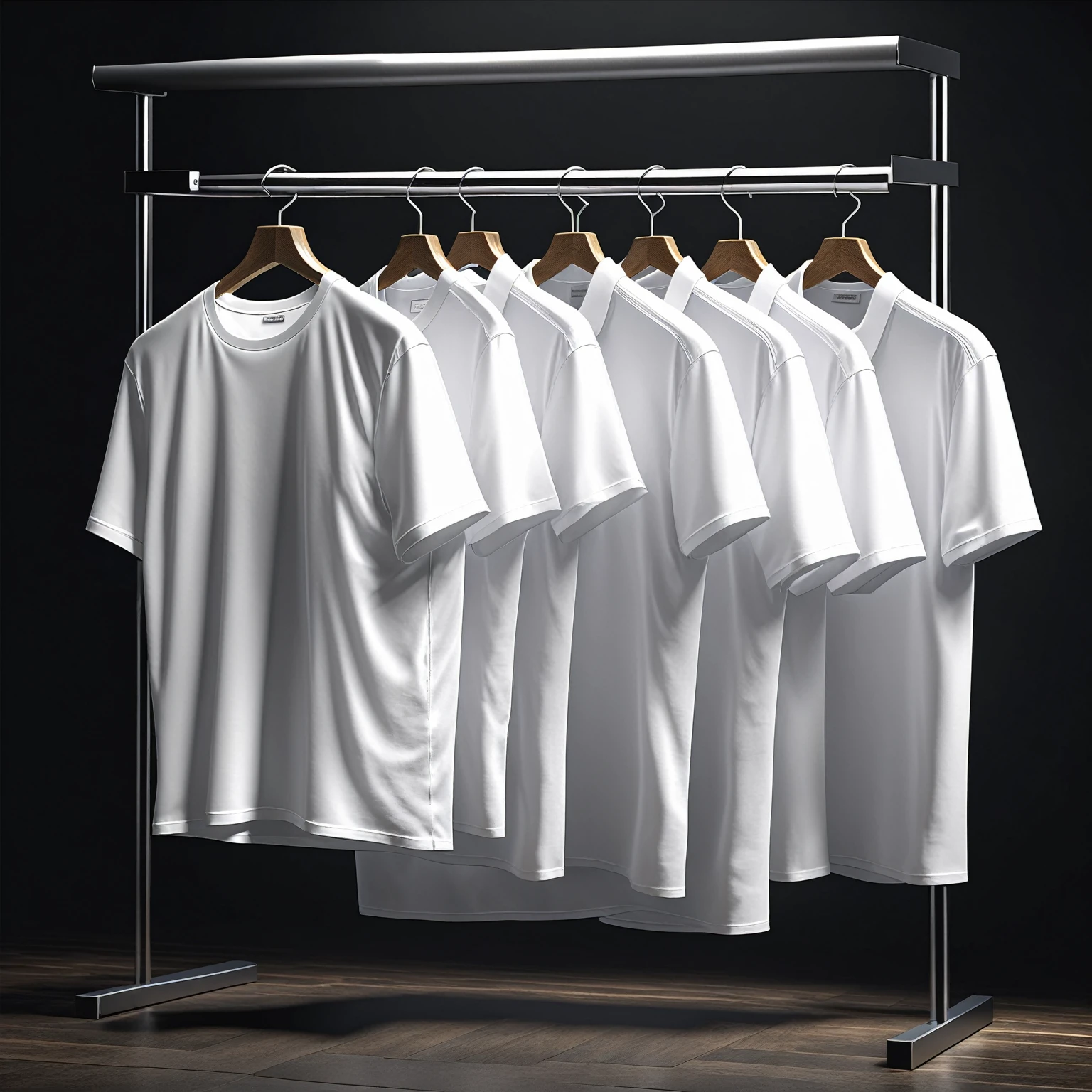 three white shirts hanging on a rack in a dark room, realistic clothing, white  clothes, plain white undershirt, white  clothes, white undershirt, white undershirt, white undershirt, Cloth simulation with Houdini, realistically rendered clothes, ultra realistic render, a tshirt. blender art, hyper-realistic 3d rendering, Minimal clothing, white shirts, hyper-realistic rendering