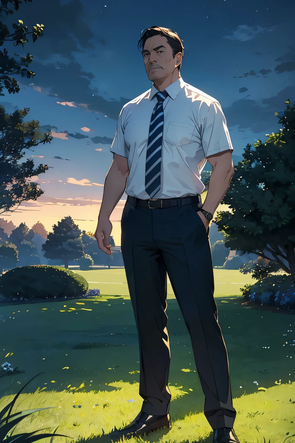 A gentlemanly middle-aged man standing on the grass for 30 years、Angle from the front、White T-shirt and tie、Dark and mysterious atmosphere at night、From the feet to the whole body、