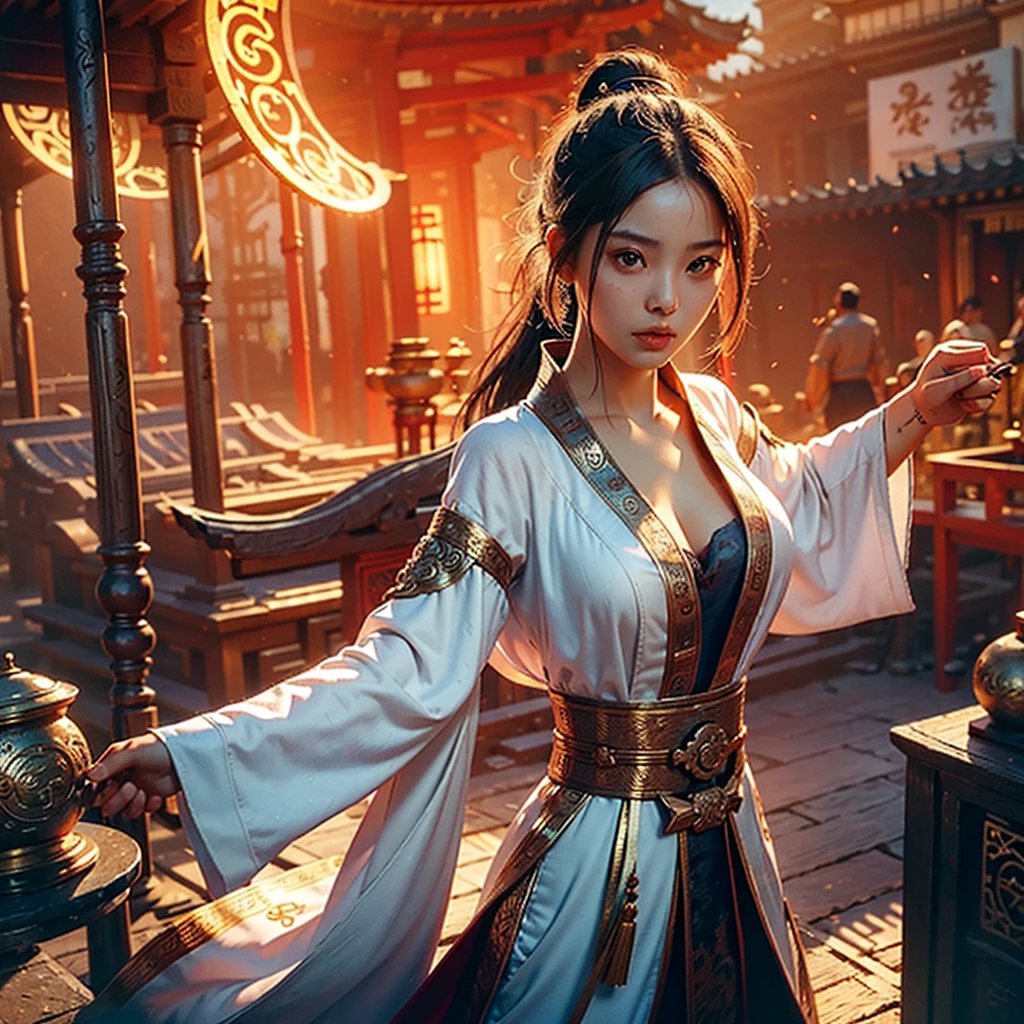 Best quality,masterpiece,ultra high res,(photorealistic:1.4),xiuxian,weapon,Detailed face,
1girl,solo,weapon,cleavage,(magic circle:1.2),xiuxian,upper body,Beautiful girl,full body,east asian architecture,sheath,architecture,