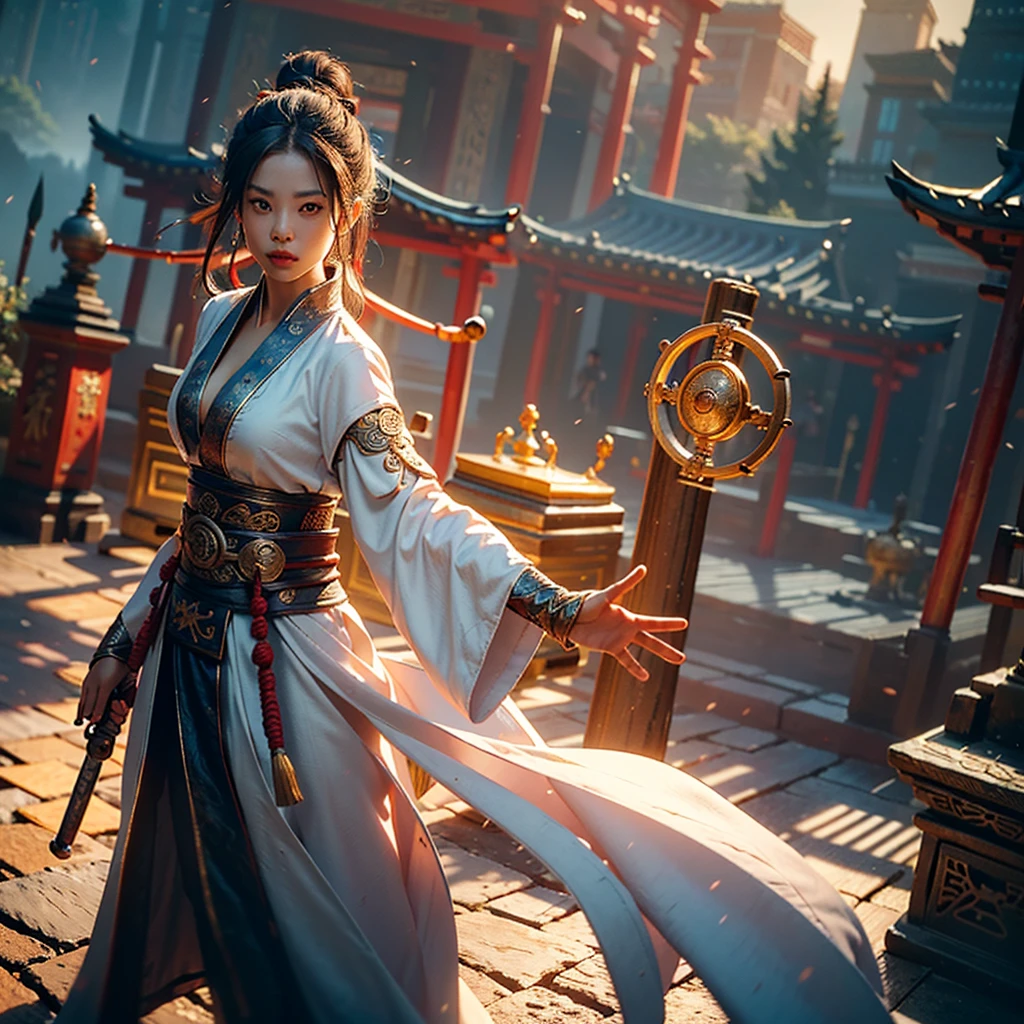Best quality,masterpiece,ultra high res,(photorealistic:1.4),xiuxian,weapon,Detailed face,
1girl,solo,weapon,cleavage,(magic circle:1.2),xiuxian,upper body,Beautiful girl,full body,east asian architecture,sheath,architecture,