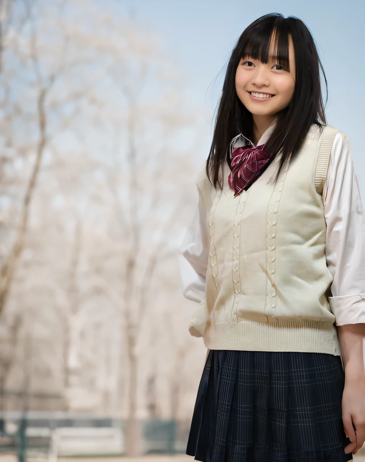 Highest quality,Super detailed,A high school girl looking at me in the park.,Illuminated by sunlight,Posing for a photo