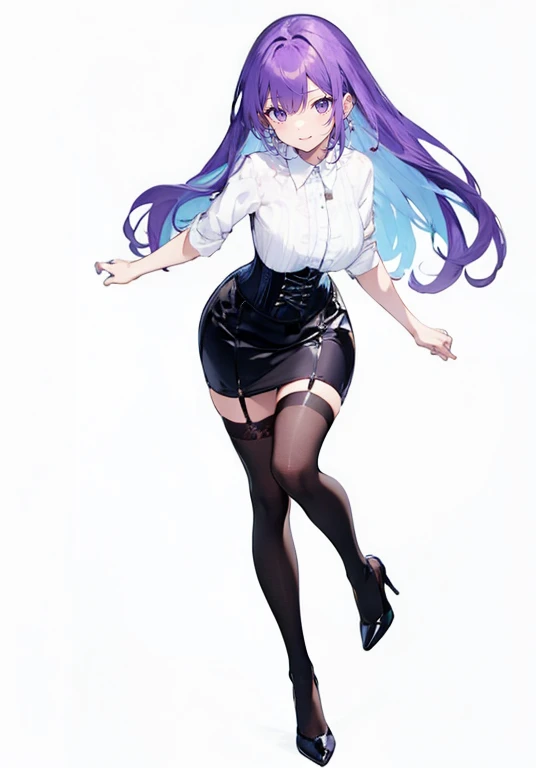 Purple hair,long hair,Adult female,((White shirt)),((Rolling up your sleeves shirt)),(corset),(skirt),High heels,((Simple White background)),Smile,((Full body)),((whole body)),(((upright)))
