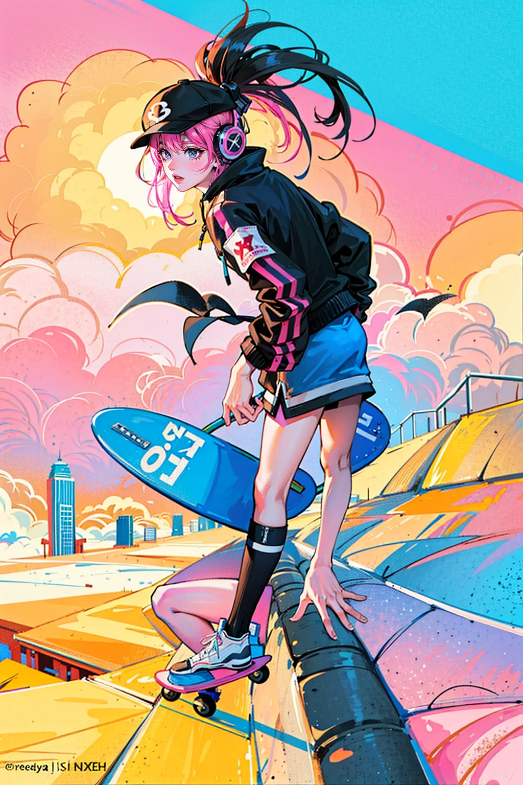 A striking, dynamic illustration captures a silhouetted skateboarder soaring through the air, executing a seamless trick against the mesmerizing backdrop of a sunset. The sun, portrayed with a one-of-a-kind gradient effect, transitions from a deep purple at the top to a delicate pink at the bottom, bathing the scene in a tranquil radiance. The skateboarder dons a cap and headphones, emphasizing their effortless cool. The minimalist design accentuates the skateboarder's silhouette and the breathtaking sunset, while graffiti-like elements, urban architecture, and a cinematic ambiance add depth and richness to the scene. Bold lines and shading, akin to a 3D render, harmonize with expressive typography and vibrant pops of color, creating a capt