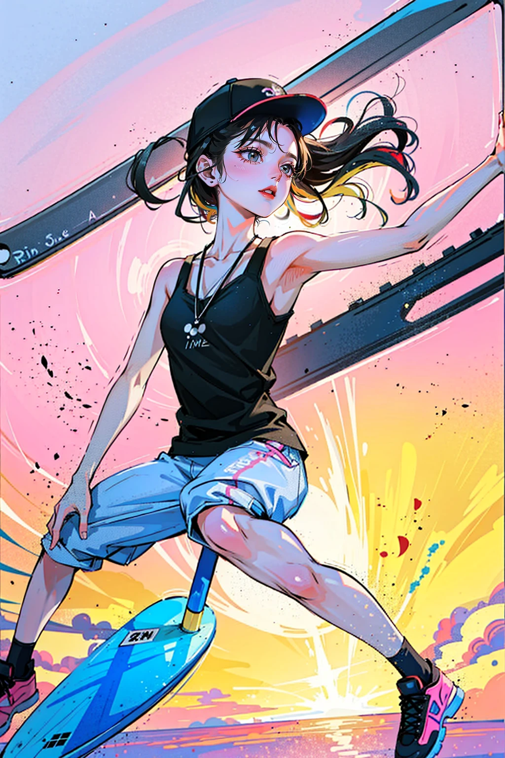 A striking, dynamic illustration captures a silhouetted skateboarder soaring through the air, executing a seamless trick against the mesmerizing backdrop of a sunset. The sun, portrayed with a one-of-a-kind gradient effect, transitions from a deep purple at the top to a delicate pink at the bottom, bathing the scene in a tranquil radiance. The skateboarder dons a cap and headphones, emphasizing their effortless cool. The minimalist design accentuates the skateboarder's silhouette and the breathtaking sunset, while graffiti-like elements, urban architecture, and a cinematic ambiance add depth and richness to the scene. Bold lines and shading, akin to a 3D render, harmonize with expressive typography and vibrant pops of color, creating a capt