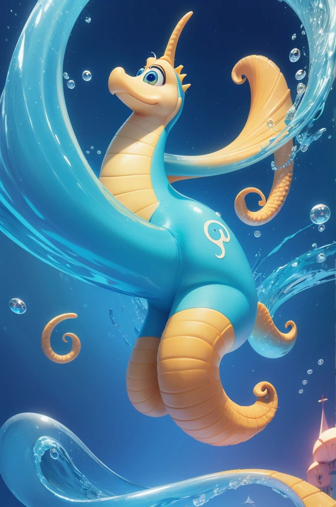 A Disney Pixar style character, This character is a male seahorse with curly hair and a microphone, he's at the bottom of the sea doing a show