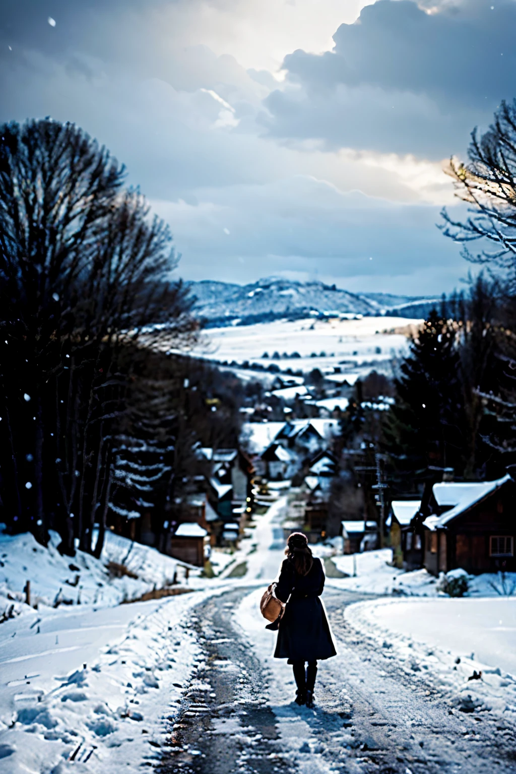 I want an image of a lonely village (withouth People) snow hills hills on the way, with simply empty country roads, with huge trees in a typical winter. In a late afternoon without sunlight, with snowstorm when it snows, huge wooden houses with chimneys and a melancholic view of the European end of the year (ON A GOTHIC CHRISTMAS). ( As picture portrait inspiration, I axis melancholic and sad music Gymnédie No 1, 2nd 3rd Erik Satie)