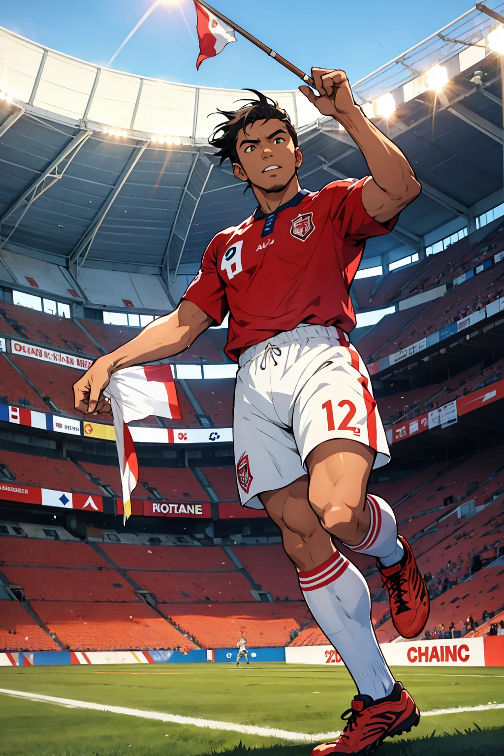 Miguel Grau playing soccer, with a flag in hand, in the national stadium of Peru in an anime style like the super champions