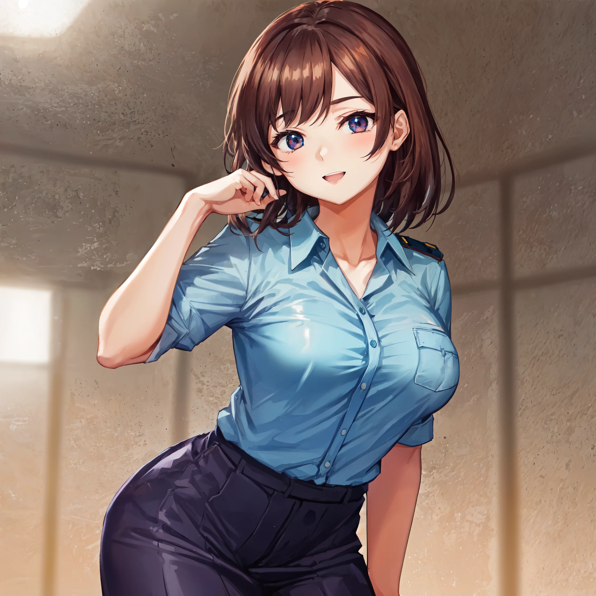 朝,police station,wink,japanese policewoman,タイトスカート,Cowboy Shot,フォトリアル1;4,shoulder length brown hair,{high quality bra}}, {{beautiful large/medium size breasts 1:4}},{{schoolgirl}},top quality,cute girl,high quality background, slanted eyes, detailed shirt chest wrinkles,BREAK, {{beautiful blue eye1:4}}, BREAK, five fingers