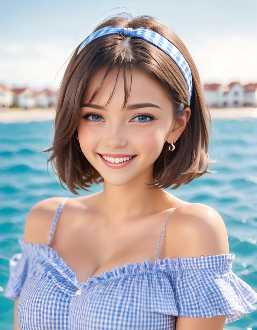 A young woman with short, dark brown hair styled in a bob cut, wearing a blue and white checkered headband. She has a cheerful expression with bright, smiling eyes and a wide, happy smile. Her outfit is a blue and white gingham off-the-shoulder short dress with ruffles along the neckline and shoulders, and a silver star-shaped necklace and matching star earrings. The background features a serene ocean scene with gentle waves and a clear blue sky. The lighting is bright and natural, giving the image a vibrant, summery feel. distant full body view, ultra realistic photo, vibrant colors, 16k