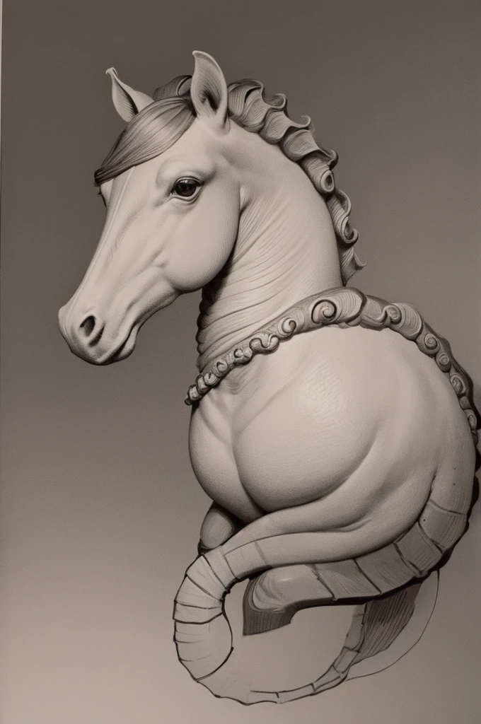 A seahorse with a curly topknot. masculine. drawning